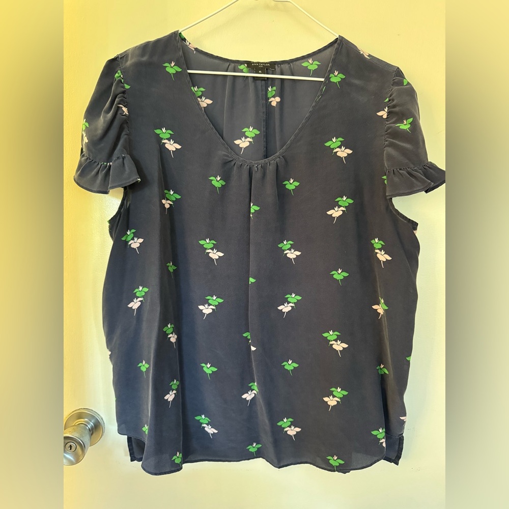 Ann Taylor Silk Top with Blue and Green Floral Design